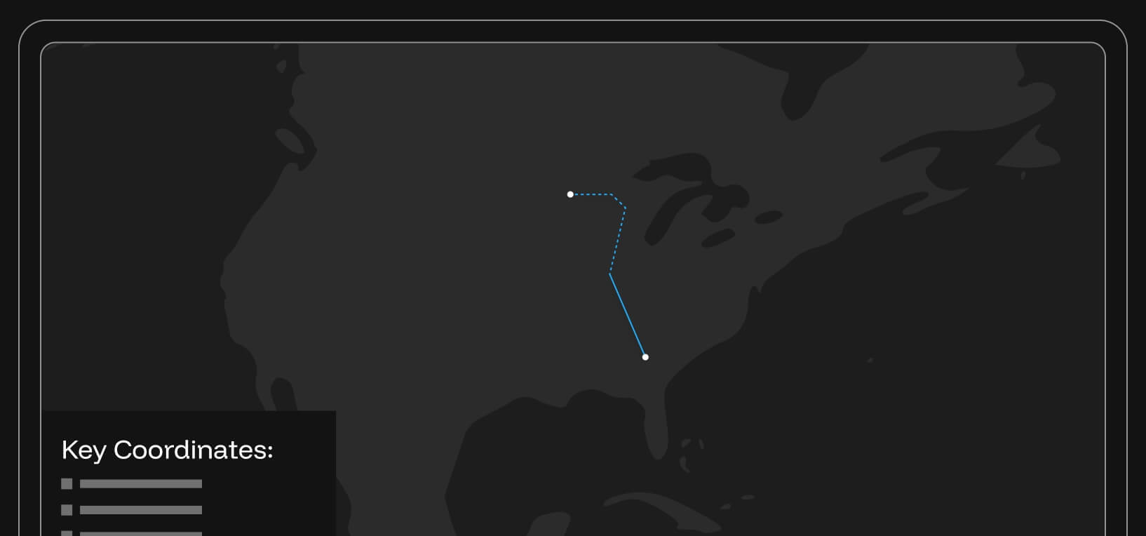 Blue line connecting two key coordinates on North American map