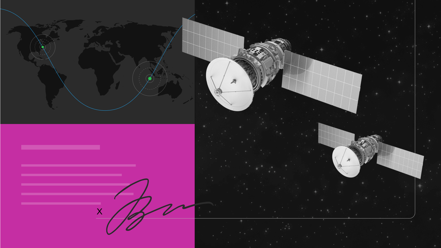 the world map, two satellites in space, and a digital signature