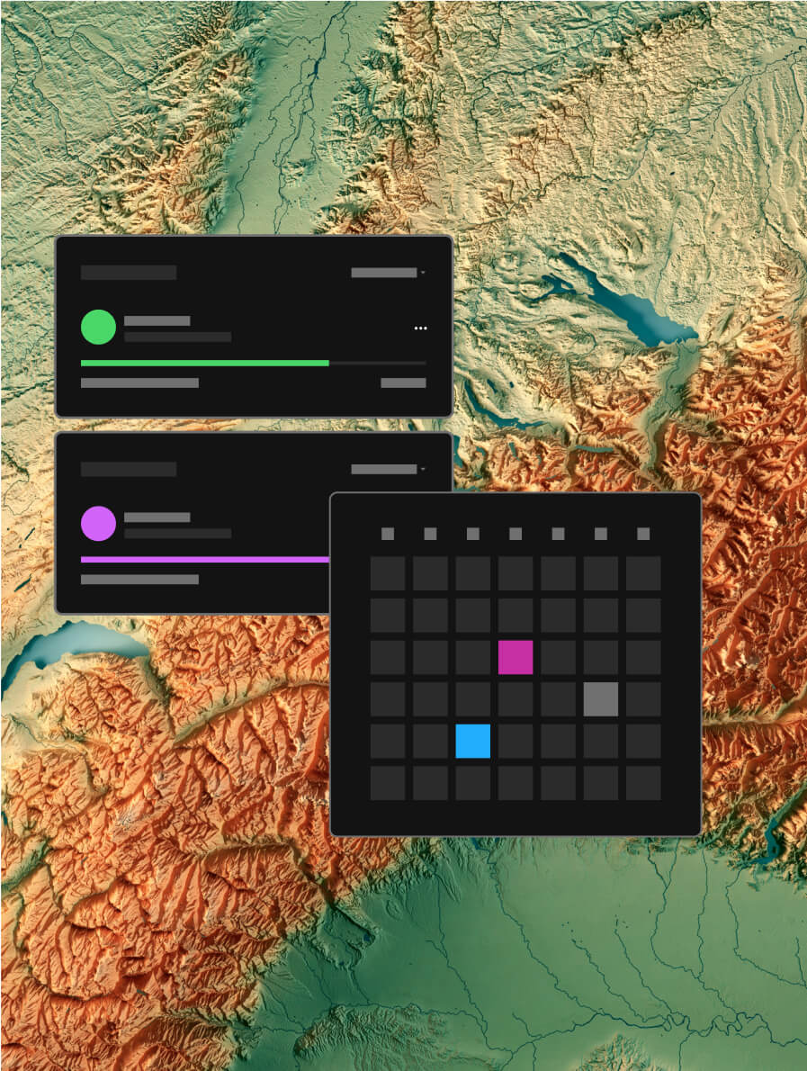 topographical map with a grid graphic in front with colorful squares and information windows