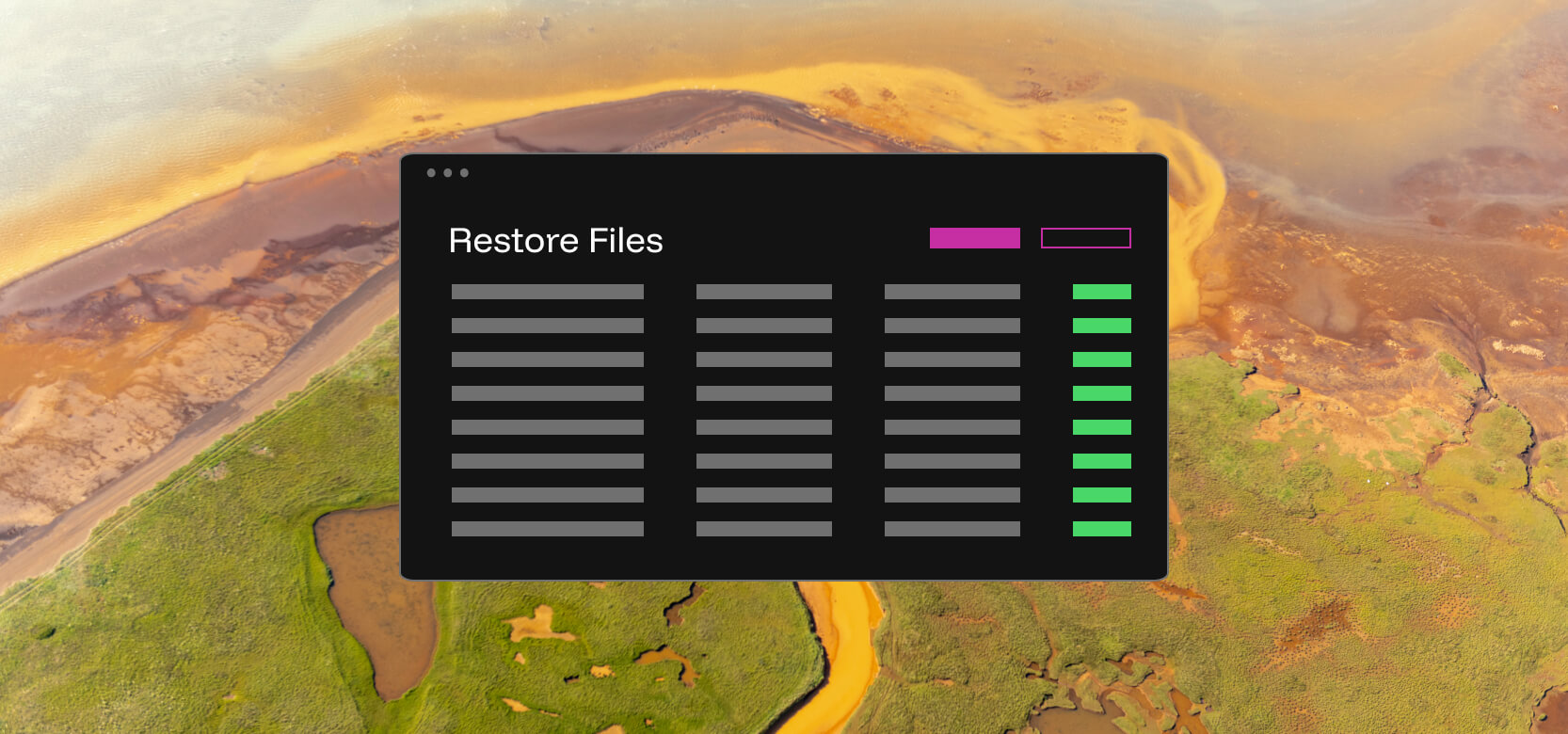 List of restored files on dashboard screen in front of a large body of water