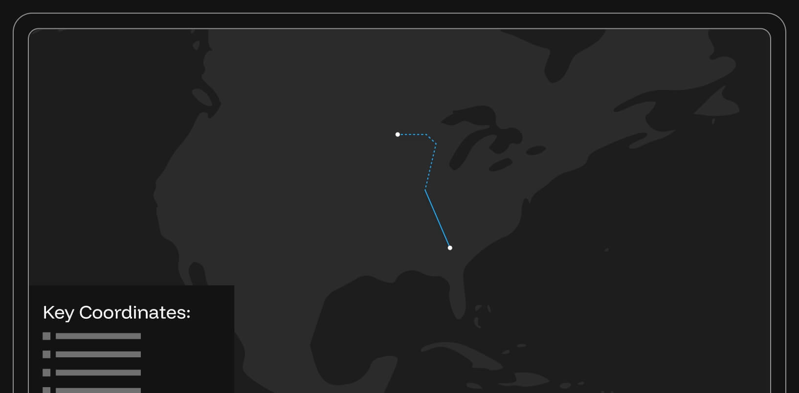 Blue line connecting two key coordinates on North American map