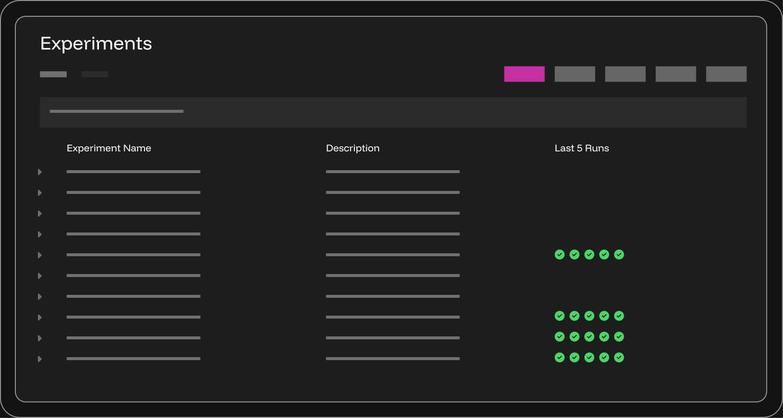 Dashboard mockup displaying experiment names, descriptions, and last 5 runs