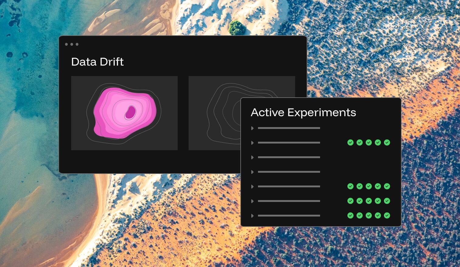 aerial costline image with data drift webpage window in front