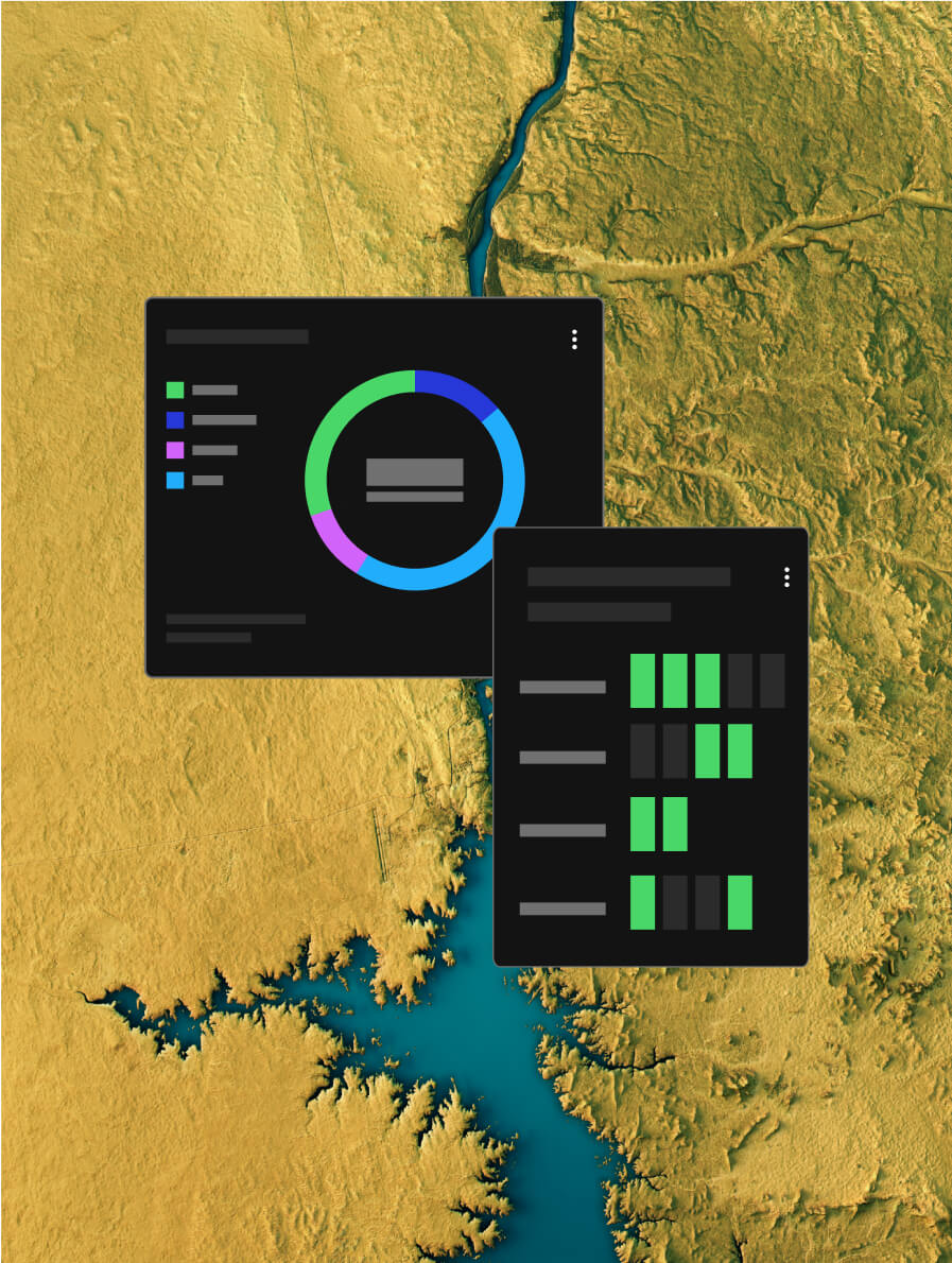 Aerial view of a river with graphics of information windows in front