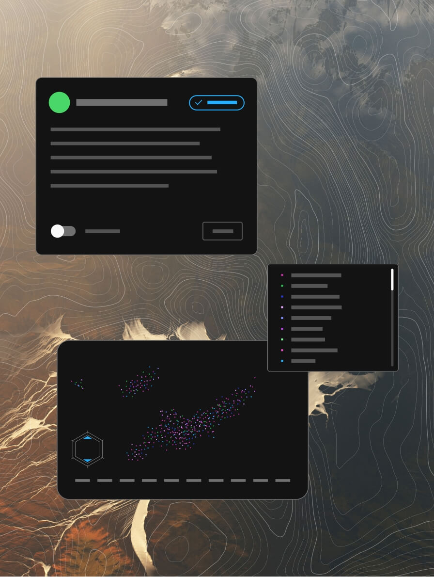 topographical map background with scatterplot information windows in front