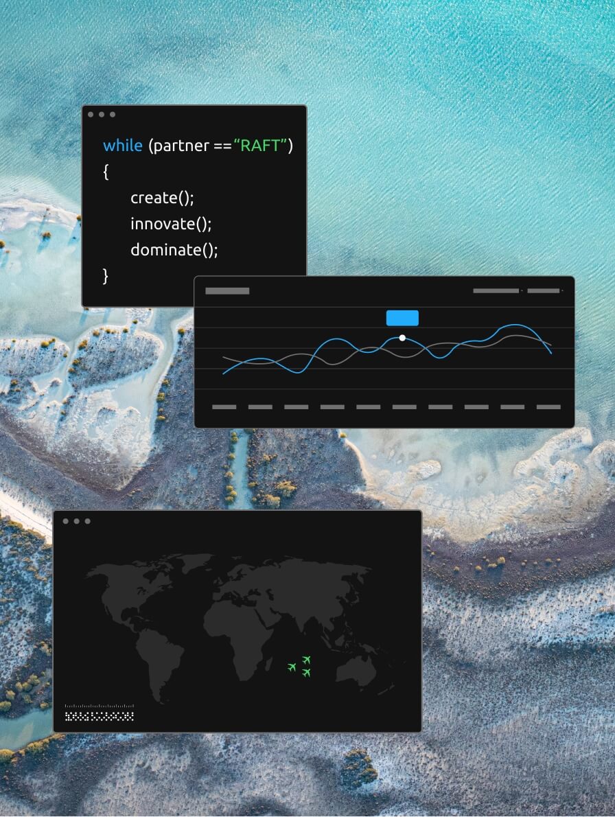 Aerial ocean image background with global map information windows in front