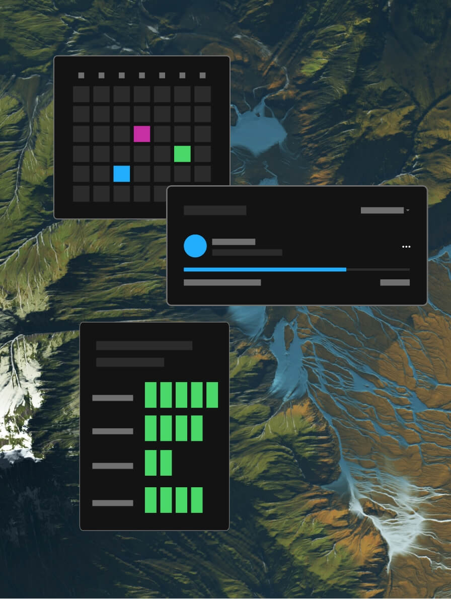 Aerial mountain image in background with data gathering information windows in front