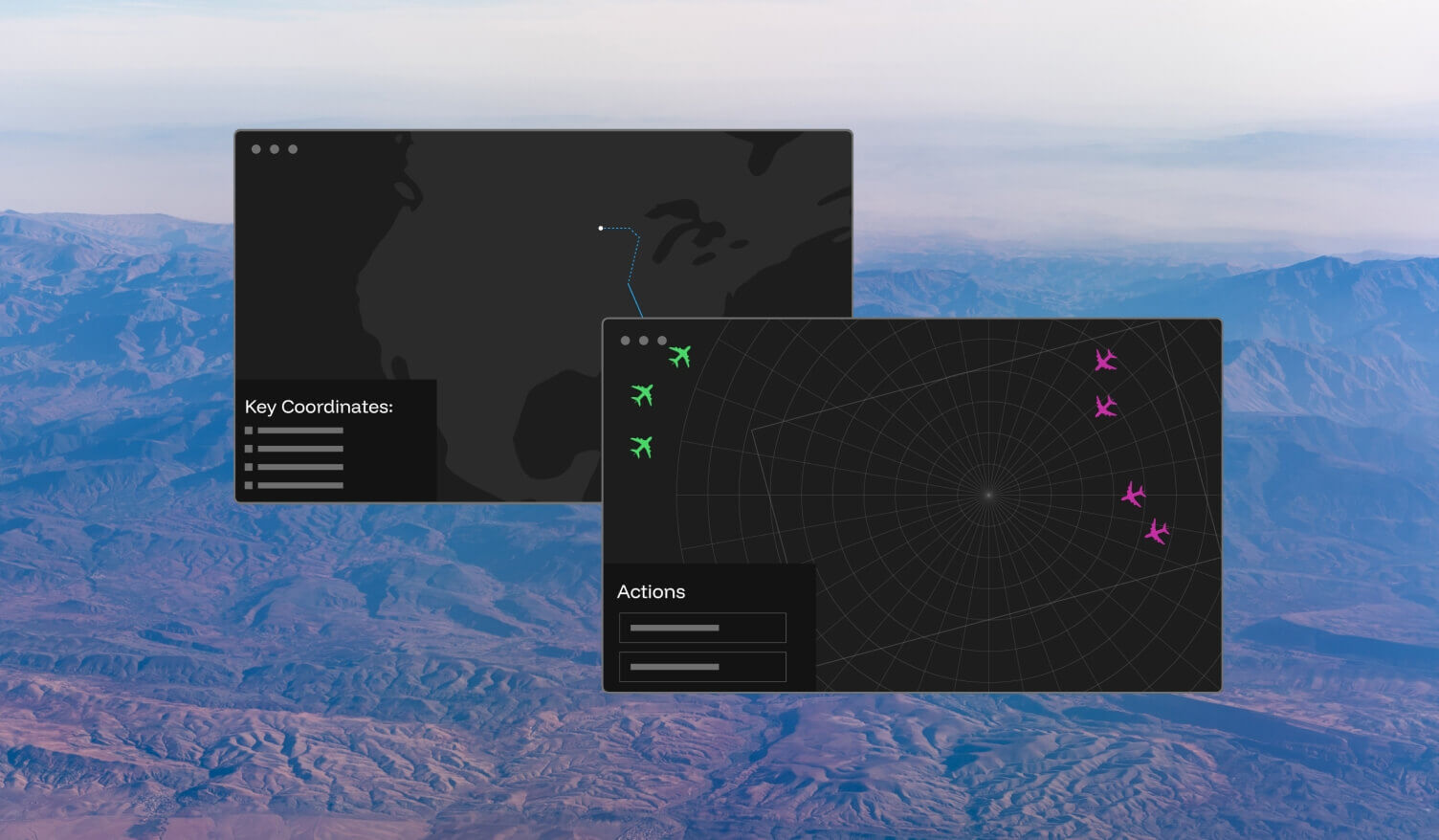 mountain image with global map and aircraft radar graphics in front