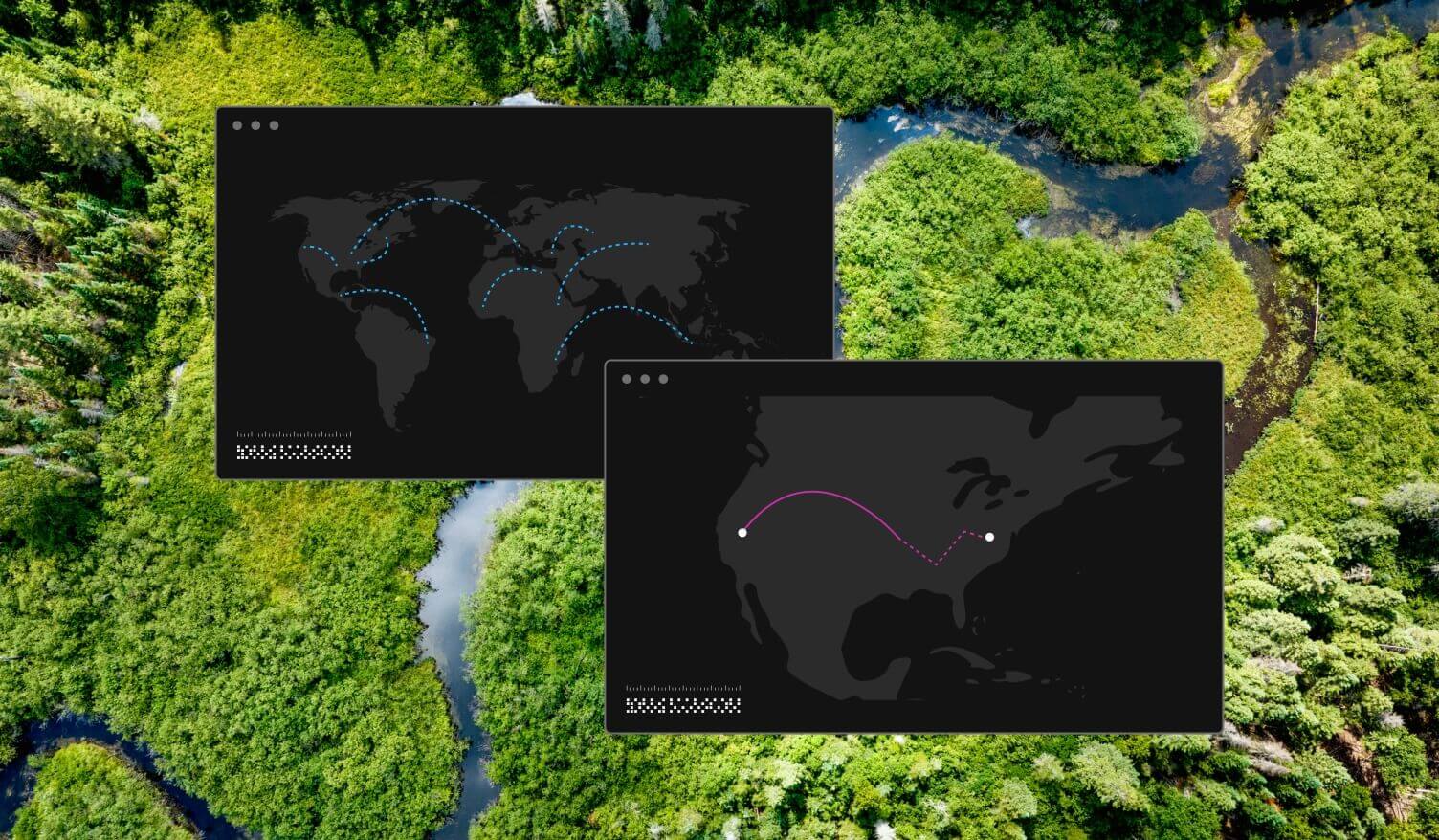 aerial image of a river with global map graphics in front